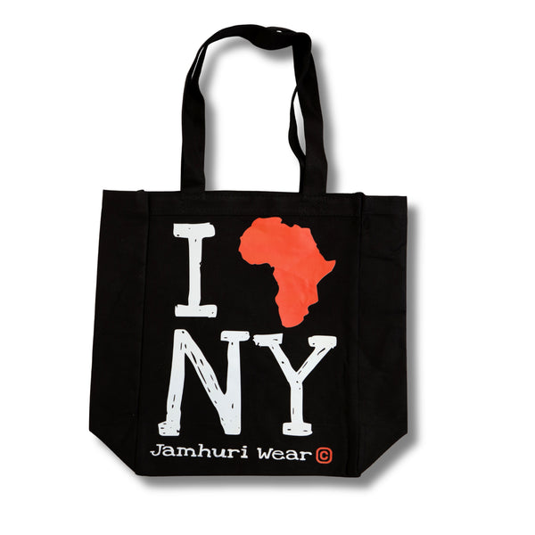 Black tote bag with 'I ❤️ NY' and a red Africa map on a white background