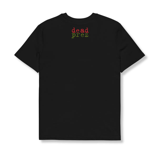 Black t-shirt with 'dead prez' text on a white background