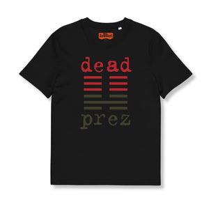 Black t-shirt with 'dead prez' text on a white background
