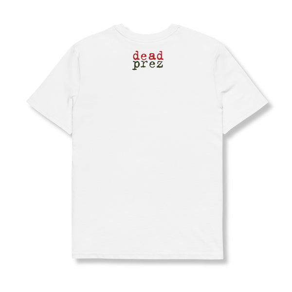 White t-shirt with 'dead prez' text on a white background