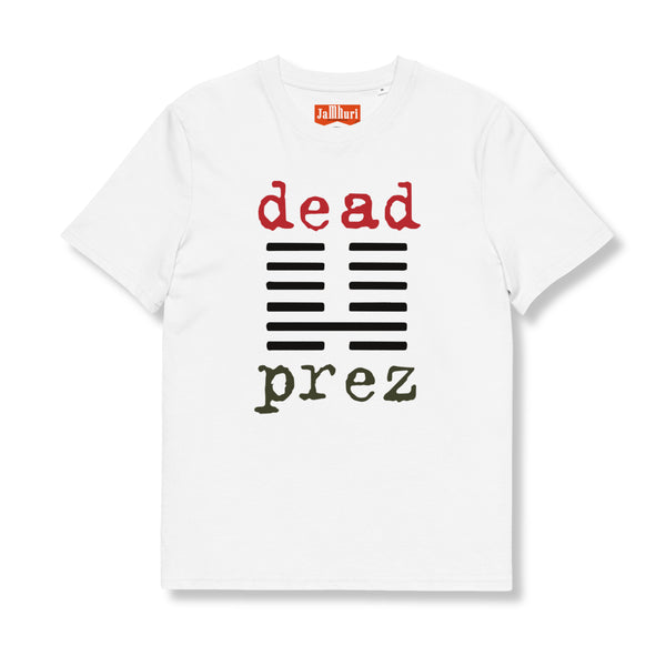 White t-shirt with 'dead prez' text design on a white background