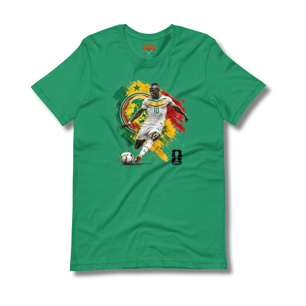 Sadio Mane  Green t-shirt with a World Cup soccer player graphic on a white background