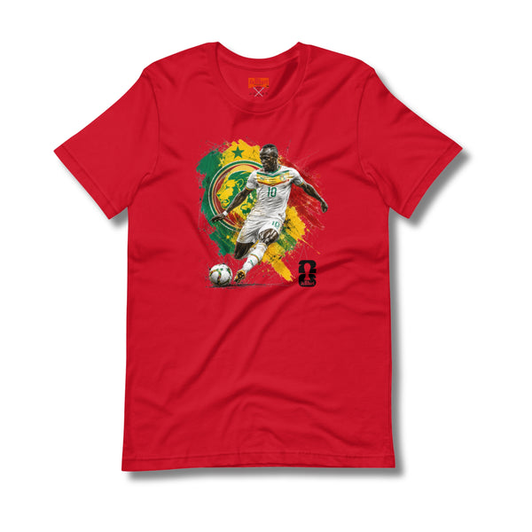 Sadio Mane Red t-shirt with a World Cup soccer player graphic on a white background