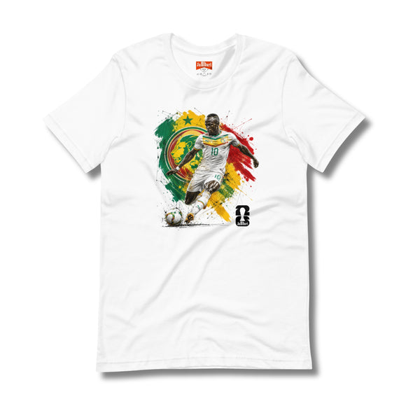 Sadio Mane  White t-shirt with a soccer player graphic and colorful design on a white background