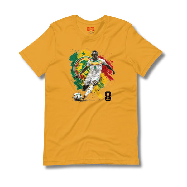 Sadio Mane  Yellow t-shirt with a World Cup soccer player graphic on a white background